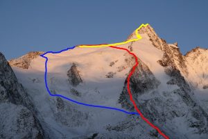 Přibližná trasa našeho výstupu. Červeně Meletzkigrat, žlutě cesta na vrchol, modře sestup normálkou.